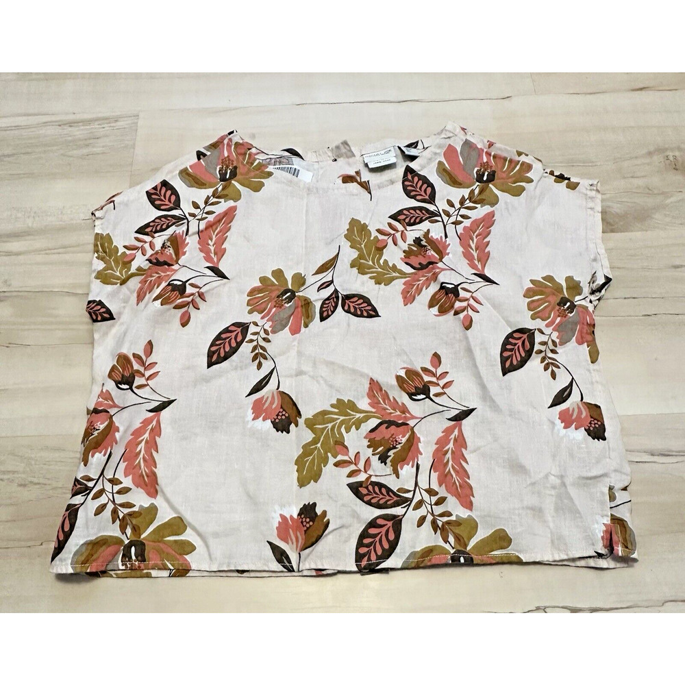 Rachel Zoe Women S Blouse 100% Linen Boxy Crop Button‎ Closure Floral Cream New